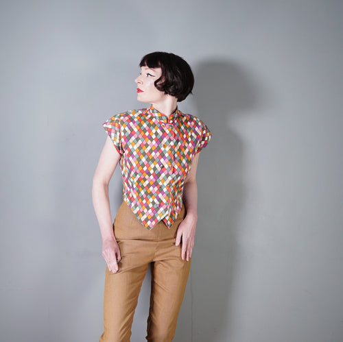 80s CROPPED CORDUROY HARLEQUIN CIRCUSCORE SHIRT TOP - M