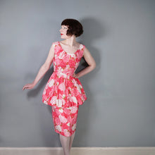 Load image into Gallery viewer, 50s PINK FLORAL ROSE PRINT BUBBLE HEM PEPLUM WIGGLE COCKTAIL DRESS - S