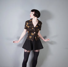 Load image into Gallery viewer, 70s BROWN ART DECO LADY AMULET PRINT PUFF SLEEVE SHIRT - L