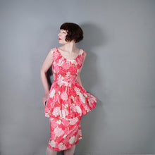 Load image into Gallery viewer, 50s PINK FLORAL ROSE PRINT BUBBLE HEM PEPLUM WIGGLE COCKTAIL DRESS - S
