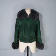 Load image into Gallery viewer, 70s DEEP GREEN CROPPED SUEDE FLEECE LINED JACKET WITH SHEEPSKIN COLLAR AND CUFFS - XS-S