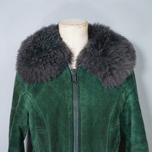 Load image into Gallery viewer, 70s DEEP GREEN CROPPED SUEDE FLEECE LINED JACKET WITH SHEEPSKIN COLLAR AND CUFFS - XS-S