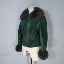 Load image into Gallery viewer, 70s DEEP GREEN CROPPED SUEDE FLEECE LINED JACKET WITH SHEEPSKIN COLLAR AND CUFFS - XS-S