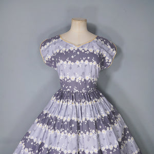 50s EASTEX GREY FLORAL DAISY PRINT COTTON FULL SKIRT DRESS - XS-S