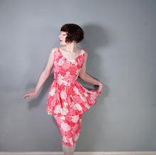 Load image into Gallery viewer, 50s PINK FLORAL ROSE PRINT BUBBLE HEM PEPLUM WIGGLE COCKTAIL DRESS - S