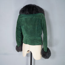 Load image into Gallery viewer, 70s DEEP GREEN CROPPED SUEDE FLEECE LINED JACKET WITH SHEEPSKIN COLLAR AND CUFFS - XS-S