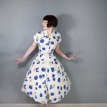 Load image into Gallery viewer, 50s KAY DUNHILL BLUE WHITE CHERRY, STRAWBERRY AND APPLE PRINT DRESS - M