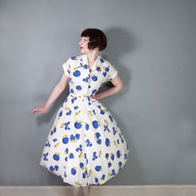 Load image into Gallery viewer, 50s KAY DUNHILL BLUE WHITE CHERRY, STRAWBERRY AND APPLE PRINT DRESS - M