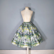 Load image into Gallery viewer, 50s GREEN GREY PAINTERLY LANDSCAPE WITH RUINS FULL COTTON SKIRT -