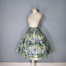 Load image into Gallery viewer, 50s GREEN GREY PAINTERLY LANDSCAPE WITH RUINS FULL COTTON SKIRT -