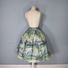 Load image into Gallery viewer, 50s GREEN GREY PAINTERLY LANDSCAPE WITH RUINS FULL COTTON SKIRT -