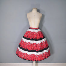 Load image into Gallery viewer, 50s 60s BOLD FLORAL AND STRIPE RED BLACK FULL COTTON SKIRT 28.5-29&quot;