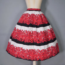 Load image into Gallery viewer, 50s 60s BOLD FLORAL AND STRIPE RED BLACK FULL COTTON SKIRT 28.5-29&quot;