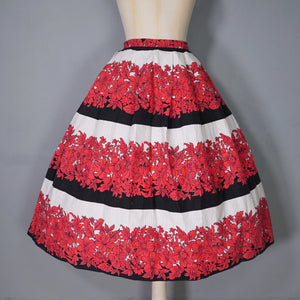 50s 60s BOLD FLORAL AND STRIPE RED BLACK FULL COTTON SKIRT 28.5-29"