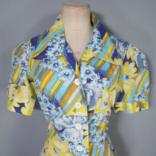 Load image into Gallery viewer, 70s YELLOW AND BLUE STRIPED FLORAL SUMMER SHIRT - M