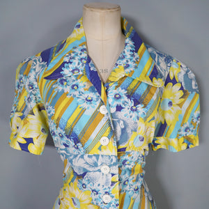 70s YELLOW AND BLUE STRIPED FLORAL SUMMER SHIRT - M