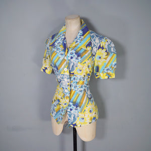 70s YELLOW AND BLUE STRIPED FLORAL SUMMER SHIRT - M