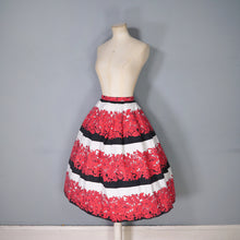 Load image into Gallery viewer, 50s 60s BOLD FLORAL AND STRIPE RED BLACK FULL COTTON SKIRT 28.5-29&quot;