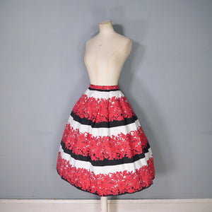 50s 60s BOLD FLORAL AND STRIPE RED BLACK FULL COTTON SKIRT 28.5-29"