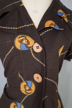Load image into Gallery viewer, 70s BROWN ART DECO LADY AMULET PRINT PUFF SLEEVE SHIRT - L