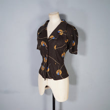 Load image into Gallery viewer, 70s BROWN ART DECO LADY AMULET PRINT PUFF SLEEVE SHIRT - L