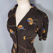 Load image into Gallery viewer, 70s BROWN ART DECO LADY AMULET PRINT PUFF SLEEVE SHIRT - L