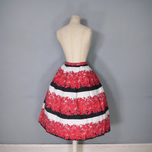 Load image into Gallery viewer, 50s 60s BOLD FLORAL AND STRIPE RED BLACK FULL COTTON SKIRT 28.5-29&quot;