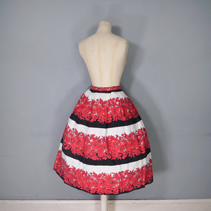 50s 60s BOLD FLORAL AND STRIPE RED BLACK FULL COTTON SKIRT 28.5-29"