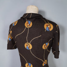 Load image into Gallery viewer, 70s BROWN ART DECO LADY AMULET PRINT PUFF SLEEVE SHIRT - L