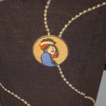 Load image into Gallery viewer, 70s BROWN ART DECO LADY AMULET PRINT PUFF SLEEVE SHIRT - L