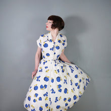 Load image into Gallery viewer, 50s KAY DUNHILL BLUE WHITE CHERRY, STRAWBERRY AND APPLE PRINT DRESS - M