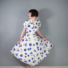 Load image into Gallery viewer, 50s KAY DUNHILL BLUE WHITE CHERRY, STRAWBERRY AND APPLE PRINT DRESS - M
