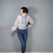 Load image into Gallery viewer, 60s SEMI SHEER ORIGINAL HUNGARIAN HAND EMBROIDERED FOLK BLOUSE - M