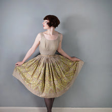 Load image into Gallery viewer, 50s VICTOR JOSSELYN BROWN AND YELLOW PAISELY PRINT FULL SKIRTED DRESS S-M