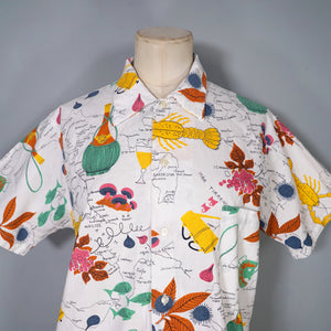 50s ITALIAN HOLIDAY NOVELTY MAP AND LOCAL FOOD PRINT SHIRT - L