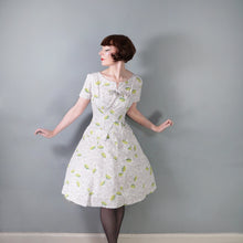 Load image into Gallery viewer, 50s CITRUS LIME NOVELTY PRINT FIT AND FLARE GREY COTTON DRESS - S