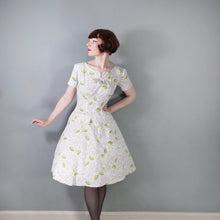 Load image into Gallery viewer, 50s CITRUS LIME NOVELTY PRINT FIT AND FLARE GREY COTTON DRESS - S