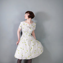 Load image into Gallery viewer, 50s CITRUS LIME NOVELTY PRINT FIT AND FLARE GREY COTTON DRESS - S