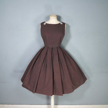 Load image into Gallery viewer, 60s BROWN PINAFORE STYLE FULL SKIRTED DAY DRESS WITH BUTTONED BIB  - XS / petite