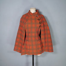 Load image into Gallery viewer, 60s 70s COLOURFUL ORANGE AND GREEN WELSH WOOL TAPESTRY CAPE COAT - S