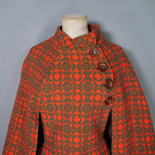 Load image into Gallery viewer, 60s 70s COLOURFUL ORANGE AND GREEN WELSH WOOL TAPESTRY CAPE COAT - S