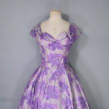 Load image into Gallery viewer, 50s 60s FRANK USHER GREY AND PURPLE FLORAL FORMAL PARTY DRESS - XS
