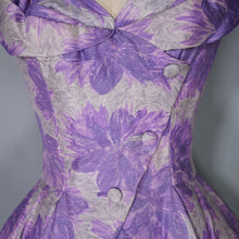 Load image into Gallery viewer, 50s 60s FRANK USHER GREY AND PURPLE FLORAL FORMAL PARTY DRESS - XS