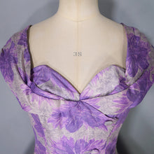 Load image into Gallery viewer, 50s 60s FRANK USHER GREY AND PURPLE FLORAL FORMAL PARTY DRESS - XS