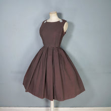 Load image into Gallery viewer, 60s BROWN PINAFORE STYLE FULL SKIRTED DAY DRESS WITH BUTTONED BIB  - XS / petite