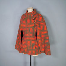 Load image into Gallery viewer, 60s 70s COLOURFUL ORANGE AND GREEN WELSH WOOL TAPESTRY CAPE COAT - S