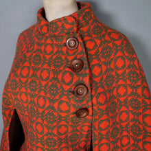 Load image into Gallery viewer, 60s 70s COLOURFUL ORANGE AND GREEN WELSH WOOL TAPESTRY CAPE COAT - S