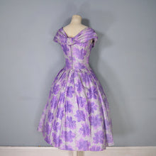 Load image into Gallery viewer, 50s 60s FRANK USHER GREY AND PURPLE FLORAL FORMAL PARTY DRESS - XS