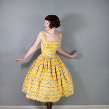 Load image into Gallery viewer, 50s BRIGHT YELLOW FLORAL SQUIGGLE PRINT FULL SKIRTED SUN DRESS - XS-S