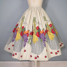 Load image into Gallery viewer, 50s NOVELTY BORDER HARVEST BASKET FRUIT AND VEGETABLE PRINT FULL SKIRT - 26.5&quot;